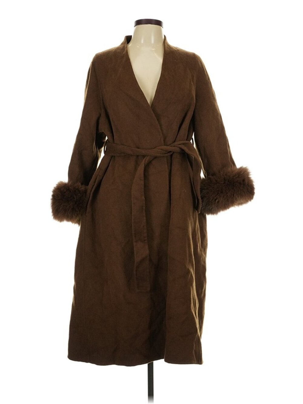 Women’s Brown Wool-Feel Belted Maxi Coat Faux Fur Cuffs Size L